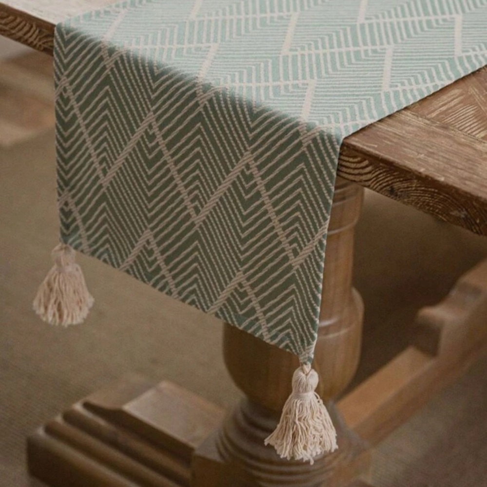 Elegant Chevron Table Runner - Green and Cream with Tassels